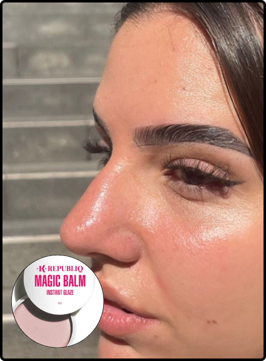A close-up, profile shot of a person's face with a glowing, highlighted nose and cheek, with a circular inset of the K Republiq Magic Balm product.