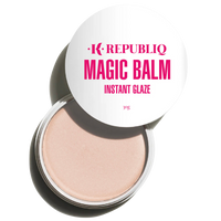 A jar of K Republiq Magic Balm Instant Glaze, with the product visible through a open jar lid, against a transparent background.