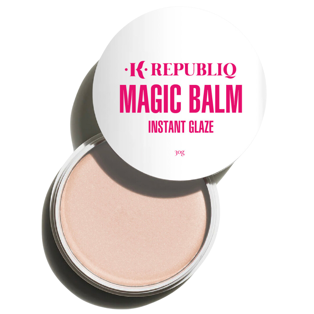 A jar of K Republiq Magic Balm Instant Glaze, with the product visible through a open jar lid, against a transparent background.