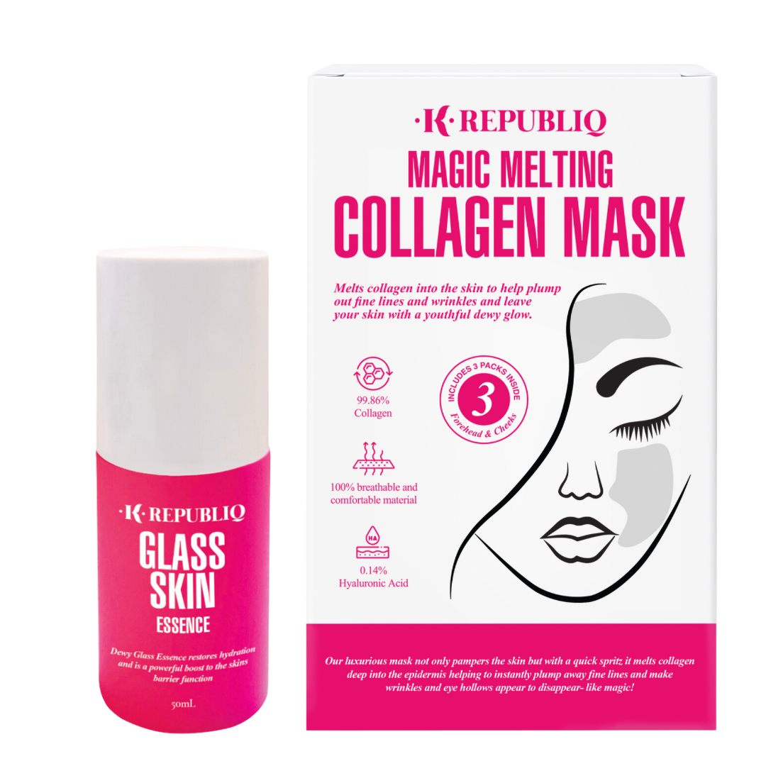 Two K Republiq products, the Magic Melting Collagen Mask and Glass Skin Essence, with pink and white packaging showing product details.