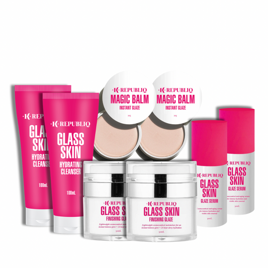 A set of K Republiq skincare products including hydrating cleanser, glaze serum, magic balm, and finishing glaze with labels, displayed against a white background.