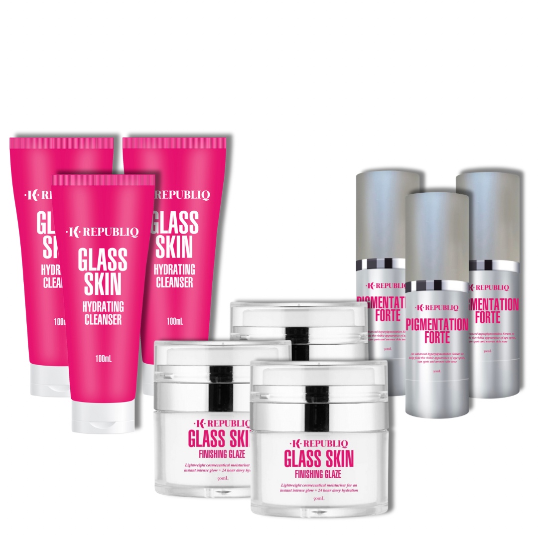 K Republiq Pigmentation Rapid Fade Regime 3-Month Set featuring hydrating cleansers, pigmentation fade serums, and glass skin finishing glazes in pink, silver, and white packaging.