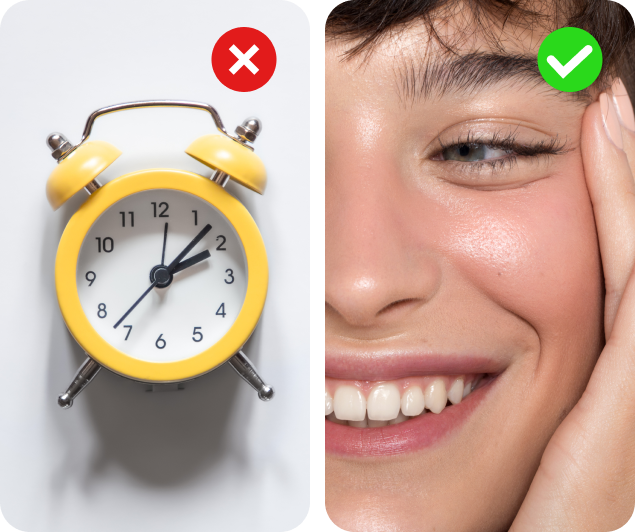 Comparison image showing a clock with a red X and a smiling woman with glowing skin and a green checkmark, representing K Republiq’s fast, visible results in reducing dark spots and brightening skin tone.