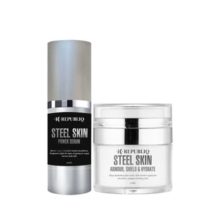K Republiq Steel Skin Power Serum and Armour Shield & Hydrate Cream set, two men’s skincare products designed for hydration, barrier repair, and smoother, younger-looking skin.