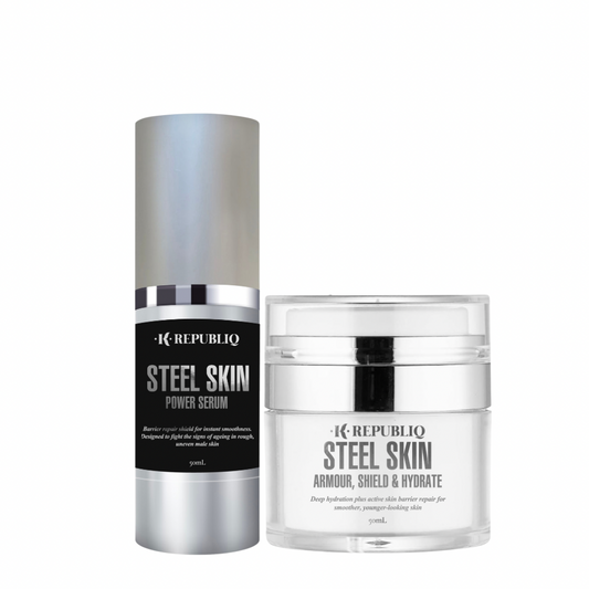 K Republiq Steel Skin Power Serum and Armour Shield & Hydrate Cream set, two men’s skincare products designed for hydration, barrier repair, and smoother, younger-looking skin.
