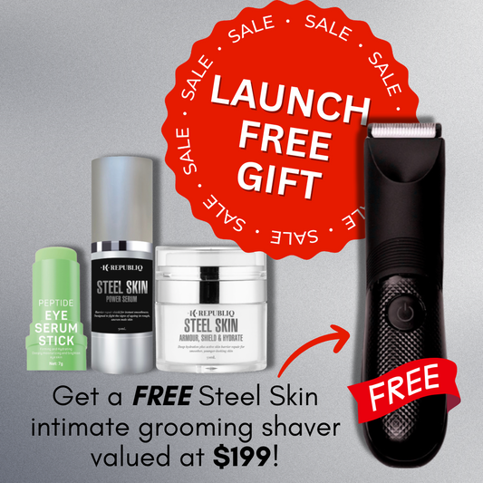 K Republiq Steel Skin launch promotion showing Peptide Eye Serum Stick, Steel Skin Power Serum, and Armour Shield & Hydrate cream with a FREE Steel Skin intimate grooming shaver valued at $199.