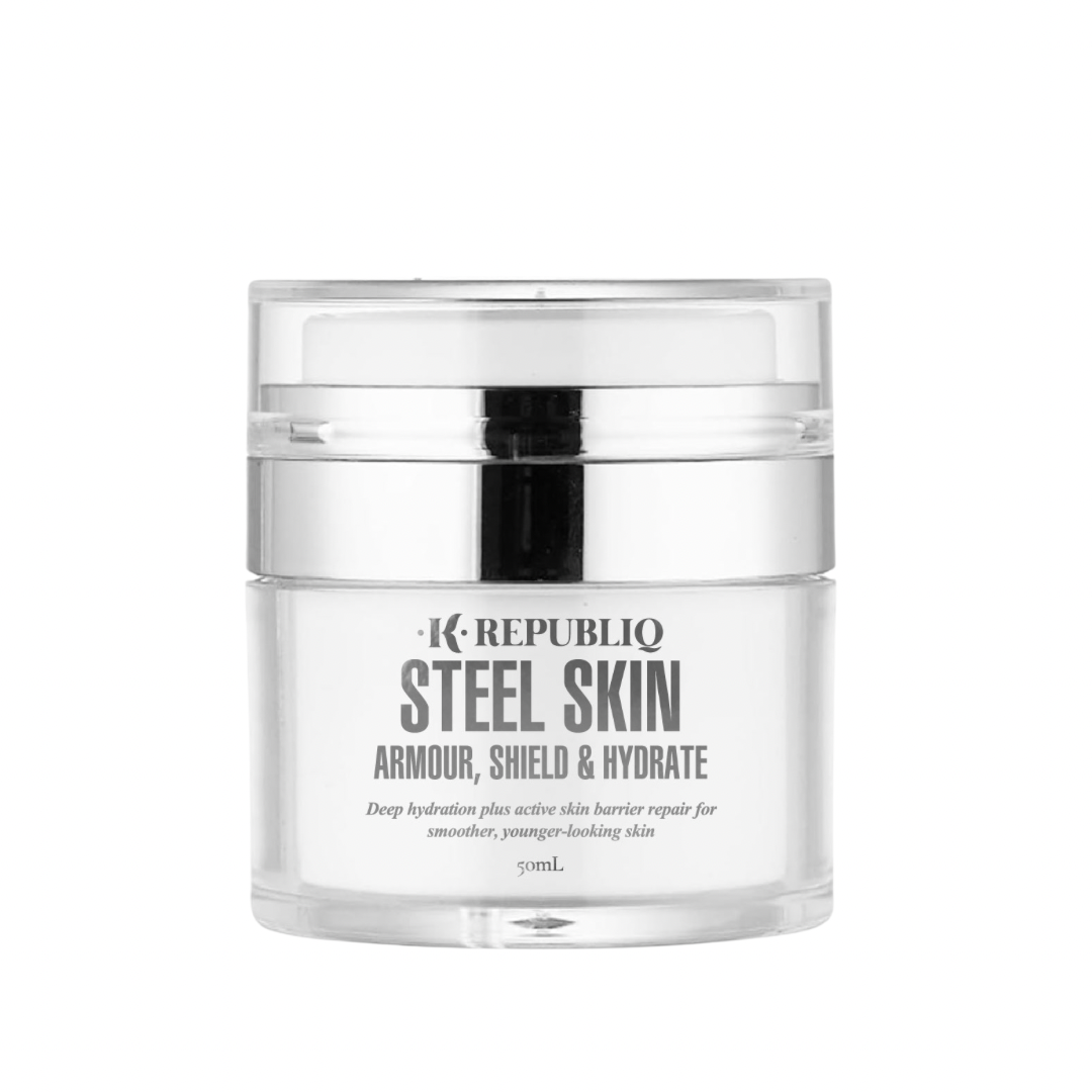K Republiq Steel Skin Armour, Shield & Hydrate moisturizer in a clear jar, formulated for deep hydration and skin barrier repair.