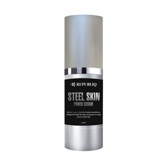 K Republiq Steel Skin Power Serum in a sleek silver bottle, designed to smooth and strengthen men’s skin barrier for a refined finish.