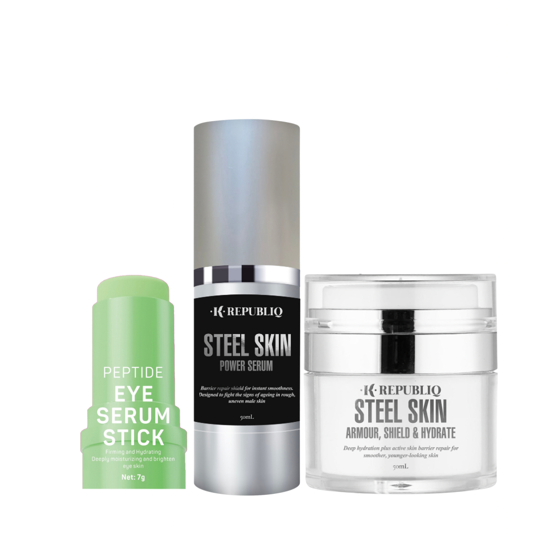 K Republiq Steel Skin 3-Step Kit featuring Peptide Eye Serum Stick, Power Serum, and Armour Shield & Hydrate cream for men’s skincare routine.