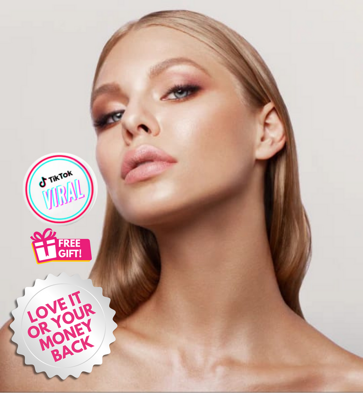 A portrait of a woman with blonde hair and makeup, looking to the side. The image has several overlays, including a "TikTok VIRAL" logo, a "FREE GIFT!" icon, and a "LOVE IT OR YOUR MONEY BACK" badge.