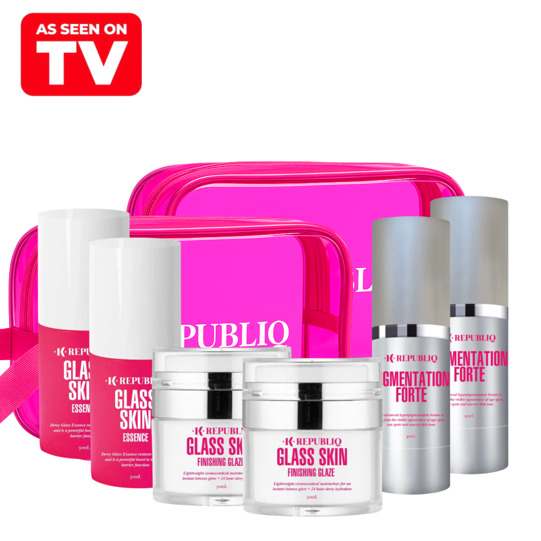A set of K Republiq skincare products, including Glass Skin Essence, Glass Skin Finishing Glaze, and Pigmentation Forte, displayed in front of a pink cosmetic bag. The text "AS SEEN ON TV" is visible in the top left corner.