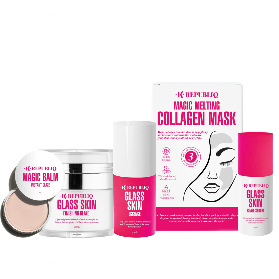 A collection of K Republiq skincare products, including the Magic Melting Collagen Mask, Magic Balm Instant Glaze, Glass Skin Finishing Glaze, Glass Skin Essence, and Glass Skin Glaze Serum