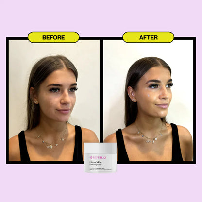 Before and after image of a woman showing radiant, glowing skin after using K REPUBLIQ Glass Skin Finishing Glaze moisturizer, with the product jar displayed at the center.